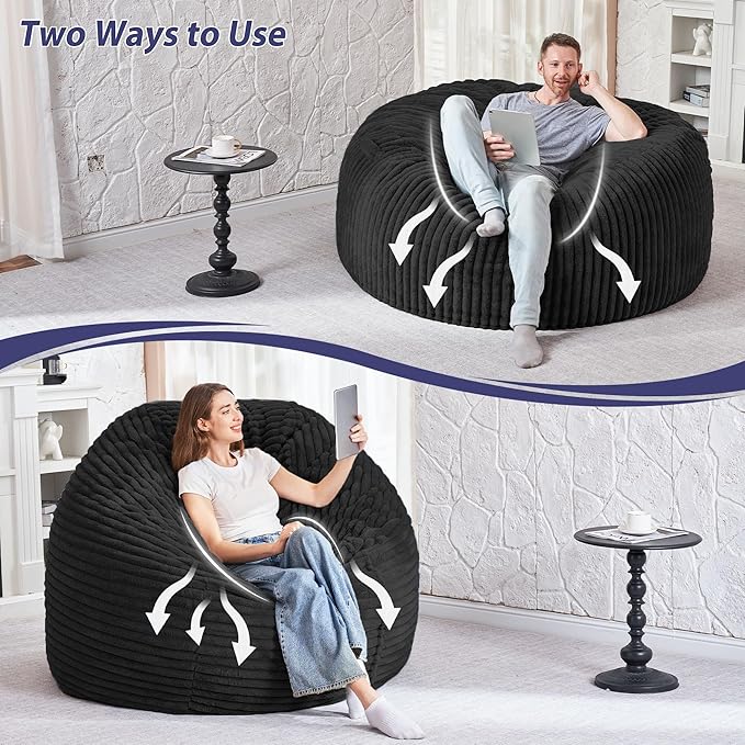 HABUTWAY 3FT Bean Bag Chair, 3' Large Bean Bag Chairs for Adults with Removable Stripe Plush Cover, Memory Foam Beanbag Chair for Living Room Bedroom Dorm (Black)