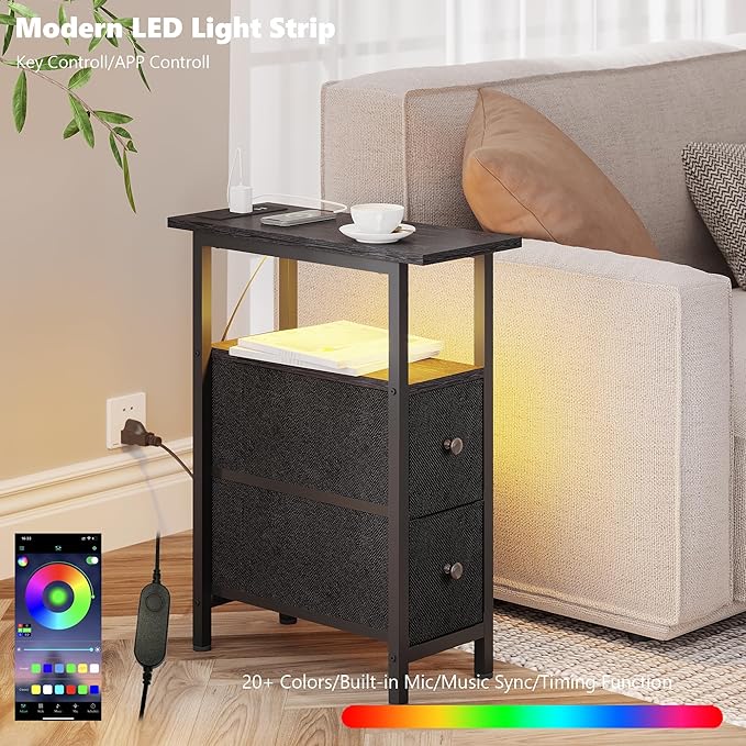 End Table Set 2 with Charging Station, Narrow Side Table with 2 Fabric Drawers, Skinny Nightstand with LED Light, Slim Bedside Table for Bedroom, Living Room, Small Spaces, Black
