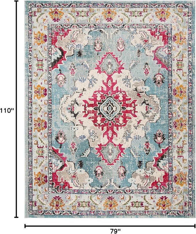 SAFAVIEH Monaco Collection Area Rug - 6'7" x 9'2", Light Blue & Fuchsia, Boho Chic Medallion Distressed Design, Non-Shedding & Easy Care, Ideal for High Traffic Areas in Living Room, Bedroom (MNC243J)