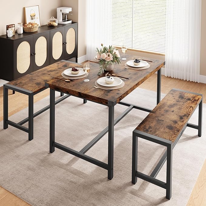 Dining Table Set for 4 with 2 Benches, 3-Piece Kitchen Table Set, Space-Saving Dining Set for Kitchen, Dining Room, Brown