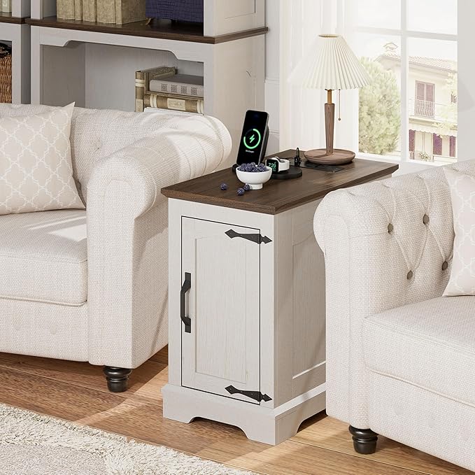End Tables Set of 2 with Charging Station,13.8" W Narrow Side Table with Storage for Sofa Couch or Bed Side with Outlets & USB Ports, Farmhouse Wooden Nightstand for Bedroom Livingroom