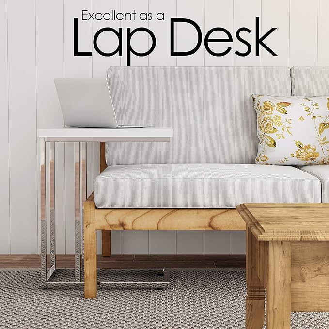 Lavish Home C-Shaped Sofa Side Table - Modern End Table, Laptop Tray, or Compact Bedside Nightstand - Space Saving Furniture by Lavish Home (White)
