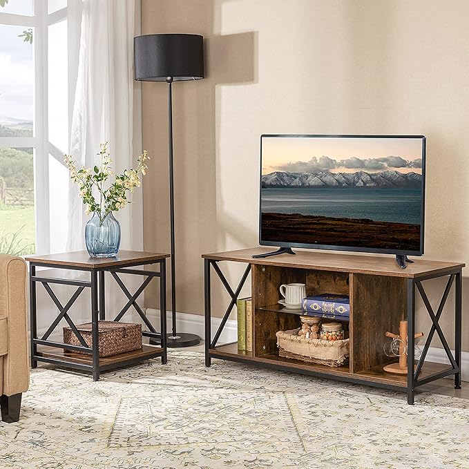Industrial End Table Side Table with 2-Tier Storage Shelf, 18'' Square Nightstand Bedside Table X-Design Metal Frame for Living Room Bedroom, Rustic Brown
