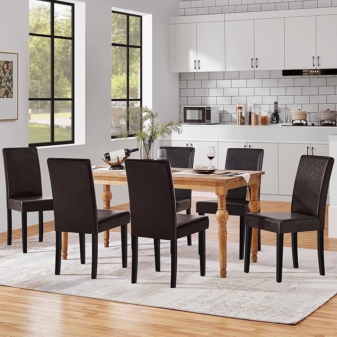 Yaheetech Dining Chairs Set of 6 Faux Leather Modern Dining Room Chairs with Rubberwood Legs and Padded Seat for Kitchen/Living Room/Restaurant, Dark Brown