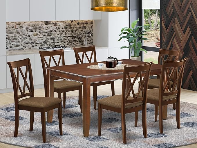 East West Furniture DUCL7-MAH-C 7 Piece Dining Set Consist of a Rectangle Dinner Table and 6 Linen Fabric Kitchen Dining Chairs, 36x60 Inch, Mahogany
