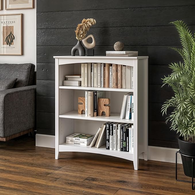 Shaker Style 3 Shelf Bookcase / Solid Wood / 36" High / Adjustable Shelving / Closed Back / Display Bookshelf for Living Room, Bedroom, Home and Office, White