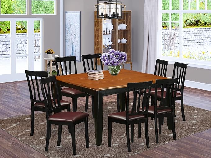 East West Furniture PFAN9-BCH-LC 9 Piece Dining Room Table Set Includes a Square Kitchen Table with Butterfly Leaf and 8 Faux Leather Upholstered Dining Chairs, 54x54 Inch, Black & Cherry