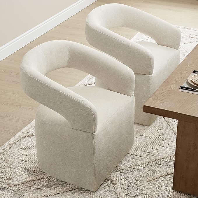 Upholstered Dining Chairs with Casters Easy Assembly Require Modern Barrel Armchair with Rollers for Diningroom Bedroom Livingroom Reading Room,Set of 2,Cream Beige