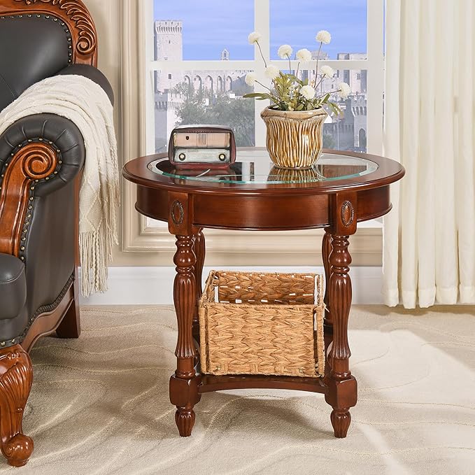 LEEMTORIG Oval Round Glass End Table, 2-Tier Solid Wood Glass Top End Side Tables, Traditional Victorian Nightstand for Bedroom Living Room Office, 28" W x 22" D x 24.2" H, Cherry Walnut CJZ-1533-GT