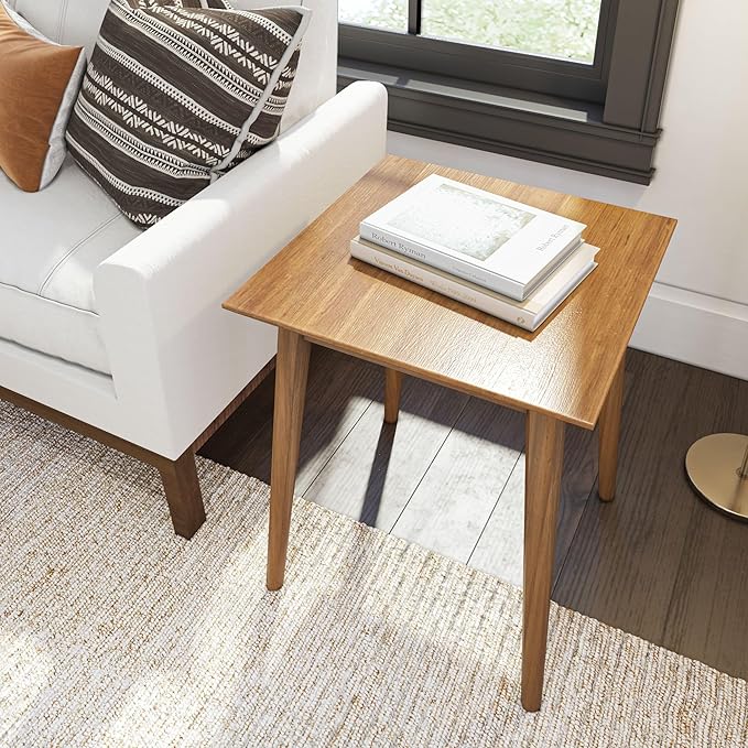 Plank+Beam Mid Century Modern Square Side Table, Couch Side Table, Small End Table for Office Space, Wooden Accent Table, Pecan