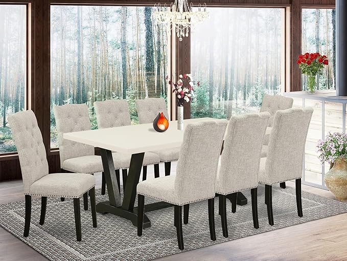 East West Furniture V627EL635-9 9 Piece Dining Table Set Includes a Rectangle Kitchen Table with V-Legs and 8 Doeskin Linen Fabric Parson Dining Room Chairs, 40x72 Inch, Multi-Color