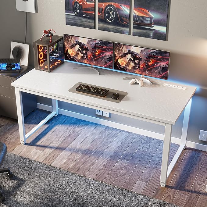 Huuger 55 x 24 inch Desk with Power Outlets & USB-C, Deeper & Thicker Desktop, Robust Metal Tubes, Computer Desk, Heavy Duty Office Desk, Work Gaming Desk for Home Office, White