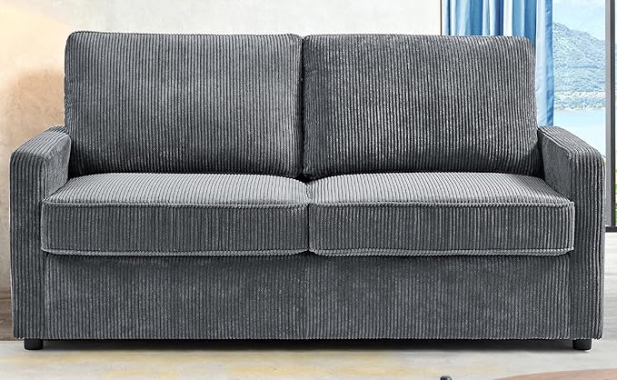 Reversible Sleeper Sofa Bed with Comfortable Memory Foam Mattress, Convertible Corduroy Full Size Pull Out Couch for Living Room, Space Saving Furniture, 70" Wide, Rectangular Arms, Grey
