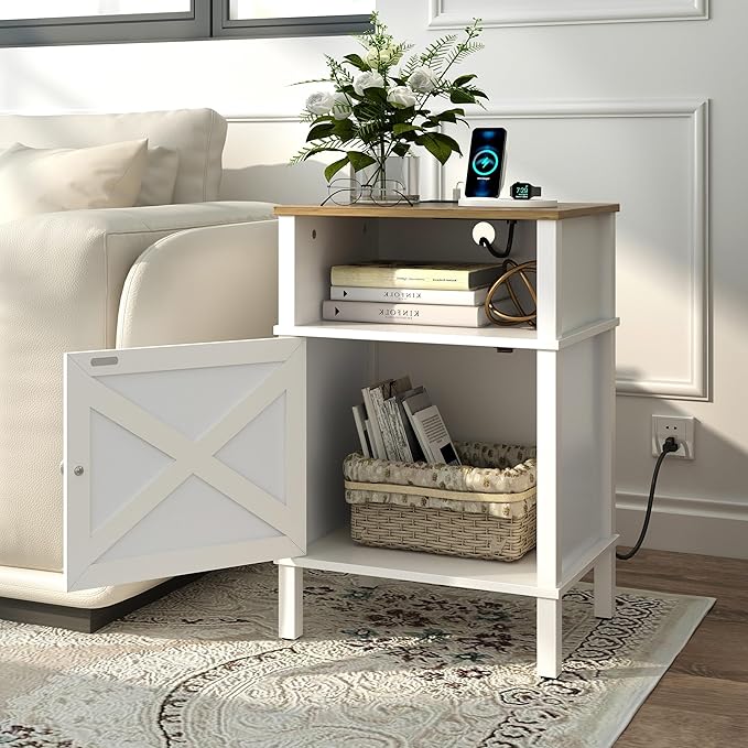 Farmhouse Nightstand with Charging Station, White Bedside Table with USB&Type-C Ports and Outlets, End Table with Storage, Night Stand for Bedroom, White and Rustic Brown WGBZ0601WFE