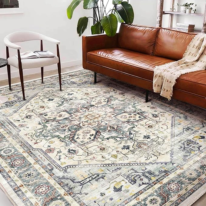 Washable Area Rug 10'x14' Cyan Khaki Retro Flowers Boho Design Non-Shedding Easy Care Ideal for High Traffic Areas in Living Room Bedroom Office Coffee Table Kitchen Large Carpet
