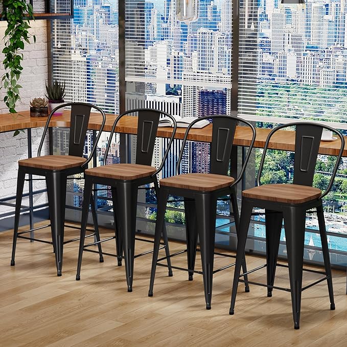 Changjie Furniture 26 Inch Metal Barstools Set of 4 Counter Height Bar Stools Industrial Stools with Backs High Back Chairs for Kitchen Island (26 Inch, Black)