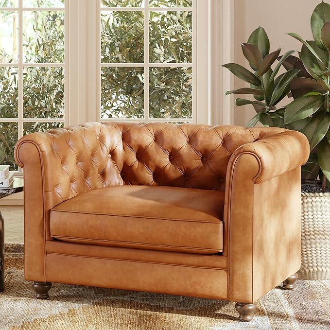 POLY & BARK Lyon Leather Lounge Chairs - Set of 2 - Cognac Tan Full-Grain Leather Upholstery – Modern Upholstered Accent Chair for Living Room or Bedroom – Indoor Lounge Seating with Lasting Comfort