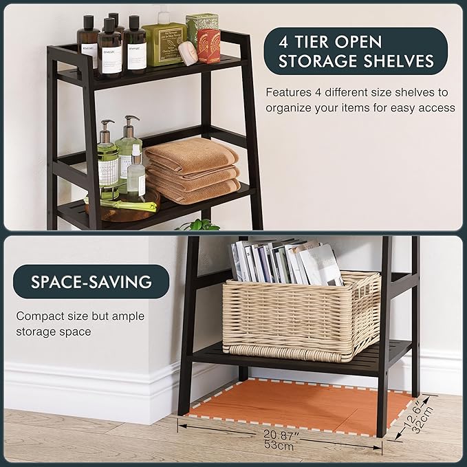 HITNET Black Bookshelf, 4-Tier Ladder Shelf, Freestanding Leaning Bookcase with Bamboo Shelves, Space Saving Flower Plant Stand for Small Space
