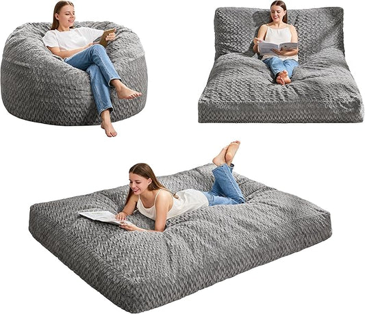 Hobestluk Bean Bag Chair Convertible Beanbag Chairs for Adults, 3 in 1 Bean Bags with Plush Chevron Cover, Adult Bean Bag Chair for Living Room, Bedroom (Grey, Full)