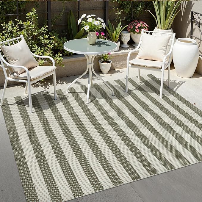 OJIA Outdoor Patio Rug 5'x7', Striped Rug Machine Washable Large Area Rugs Cotton Woven Thin Indoor Outdoor Rugs for Bedroom/Living Room/Front Porch/Deck/Backyard/Camping (Green/White/Tan)