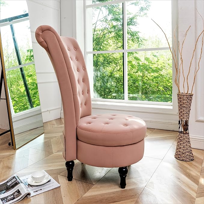 Container Furniture Direct Royal High-Back Velvet Accent Chair for Vanity with Storage and Luxurious Upholstery, Retro Design and Versatile Usage for Living Room, Bedroom, Lounge and Office, Rose