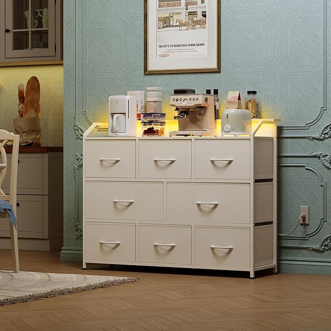 WLIVE Led Dresser for Bedroom, White Dresser TV Stand for Bedroom with LED Lights and Power Outlet, Wide Chest of Drawers for Hallway, 8 Fabric Drawers for Living Room and Entryway, Easy to Assemble