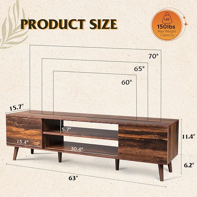 WLIVE TV Stand for 65 70 inch TV, Mid Century Modern TV Console, Entertainment Center with Storage for Living Room, Retro Brown