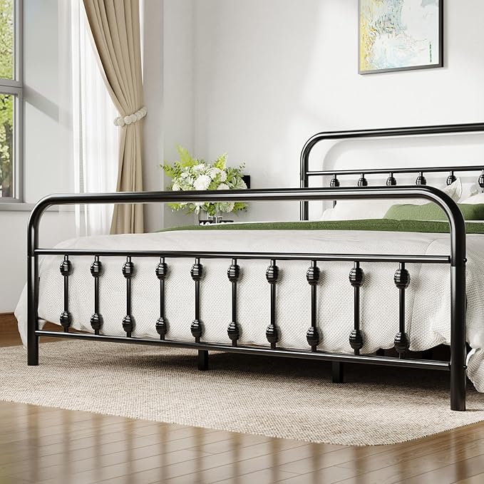 Allewie 14 Inches King Size Metal Platform Bed Frame with Victorian Style Iron-Art Headboard/Footboard, Mattress Foundation, Easy Assembly, Under Bed Storage, No Box Spring Required, Black