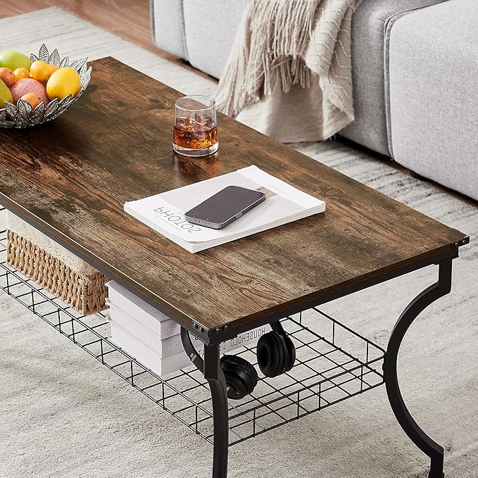 VECELO 3 Pieces Living Room Table Sets, Coffee and End Tables with Open Storage Shelves for Apartment, Home Office, Small Space, Easy Assembly, Brown