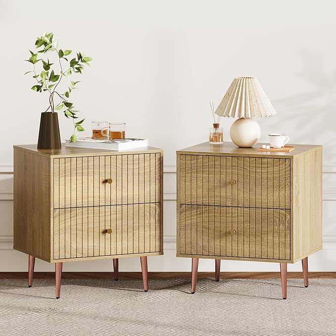 Wood Night Stand Set 2,Modern Bedside Table with Door and Open Storage Space,Fluted Nightstand and Wood End Side Table with Rose Gold Metal Legs and Handles for Bedroom,Living Room,Natural