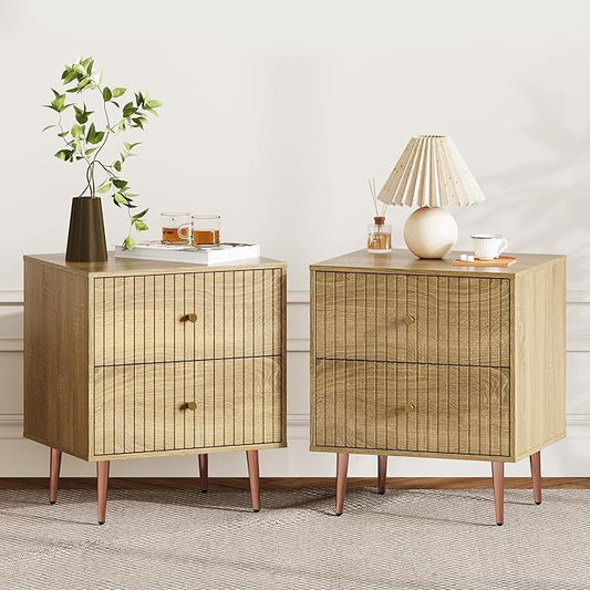Wood Night Stand Set 2,Modern Bedside Table with Door and Open Storage Space,Fluted Nightstand and Wood End Side Table with Rose Gold Metal Legs and Handles for Bedroom,Living Room,Natural