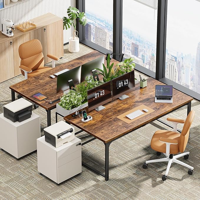 Huuger 63 x 31.5 inch Desk with Power Outlets & USB-C, 1.2 Inch Thicker Desktop, Robust Metal Tubes, Deep Computer Desk, Heavy Duty Office Desk, for Home Office, Rustic Brown