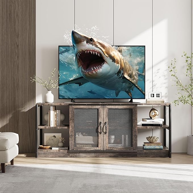 GarveeHome Farmhouse TV Stand for 65/75 inch TV, Entertainment Center with Storage Cabinet, Industrial TV Console Cabinet with Mesh Doors, 63" Rustic TV Media Console Table for Living Room, Oak