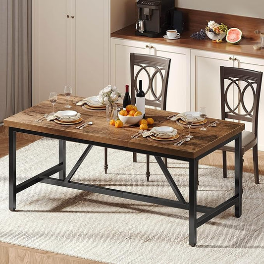 DWVO 70.8" Large Dining Room Table for 6-8 People Rectangle Kitchen Table Farmhouse Industrial Wood Style Dinning Tables with Heavy Duty Metal Leg Dinner Table for Apartment Restaurant Brown