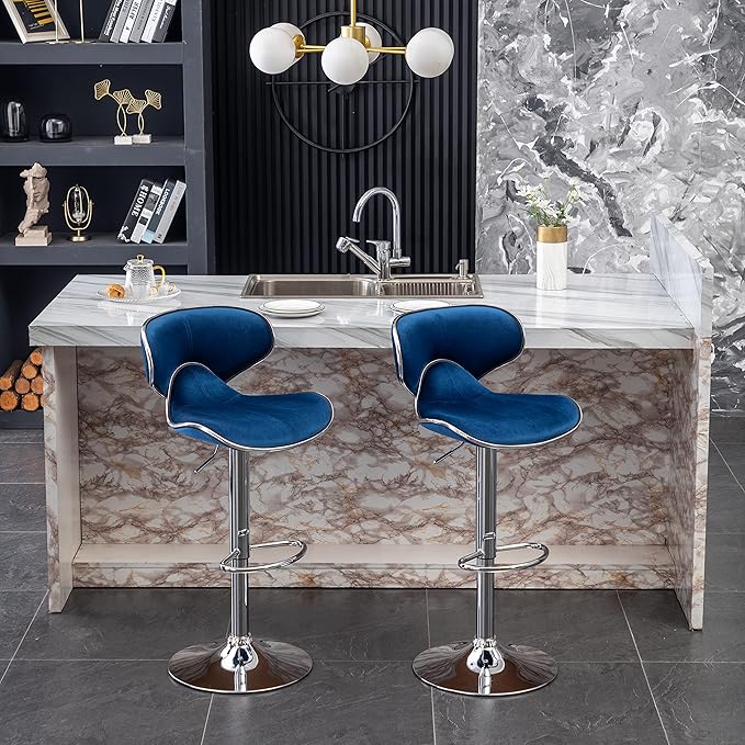 Roundhill Furniture Masaccio Velvet Upholstered Adjustable Swivel Barstool, Set of 2, Blue