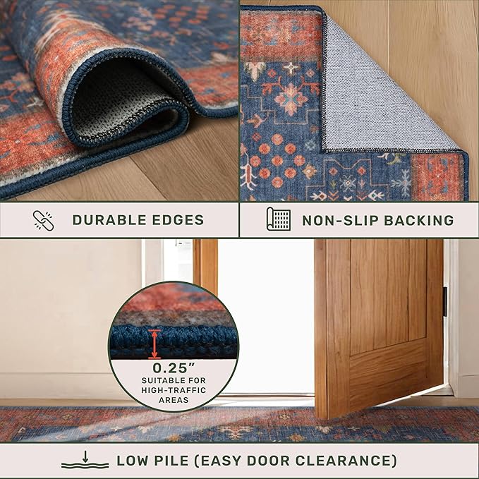 Navy Blue Washable Hallway Runner Rug 2x10 Non Slip Rugs for Kitchen, Mudroom, Bathroom, Hall Way - 10 ft Long Dark Boho Geometric Decor, Fade & Stain Resistance