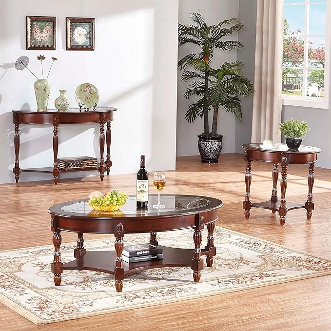 LEEMTORIG Oval Round Glass End Table, 2-Tier Solid Wood Glass Top End Side Tables, Traditional Victorian Nightstand for Bedroom Living Room Office, 28" W x 22" D x 24.2" H, Cherry Walnut CJZ-1533-GT
