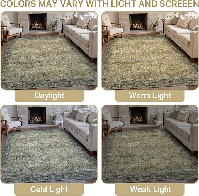 10X12 Area Rugs Machine Washable Rugs for Living Room, Vintage Boho Large Rugs for Bedroom Dining Room, Non Slip Indoor Soft Distressed Lightweight Thin Low Pile Carpet, Vintage Sunset