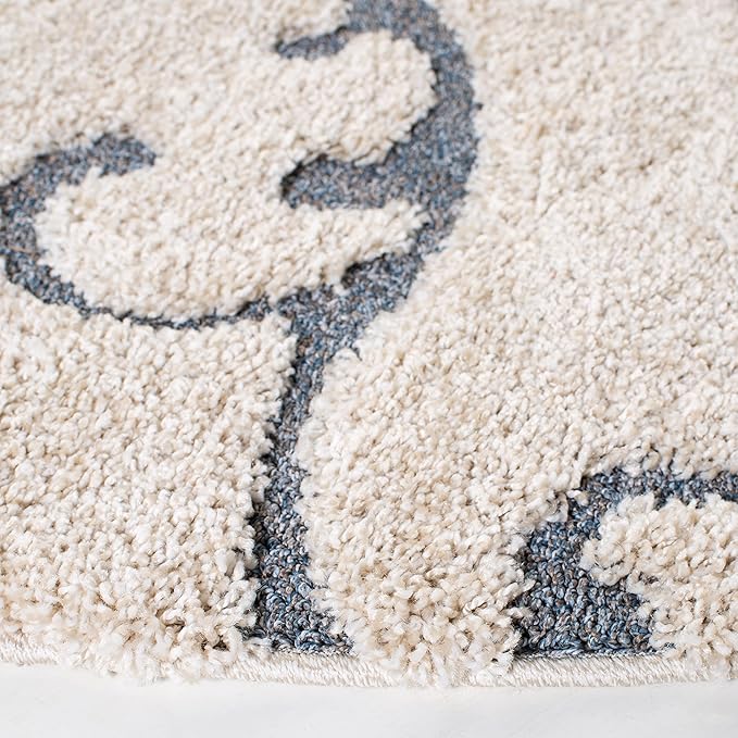 SAFAVIEH Florida Shag Collection 8' Round Beige/Blue Grey SG455 Scrolling Vine Graceful Swirl Textured Non-Shedding Living Room Bedroom 1.2-inch Thick Area Rug