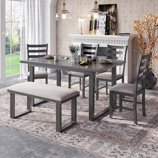 Ball & Cast 6 Piece Dining Table Set with 4 Ladder Back Upholstered Chairs and 1 Bench,Wooden Living Room Furniture W/ 60" Rectangle Kitchen Desk,for Restaurant,Home Bistro,Gray