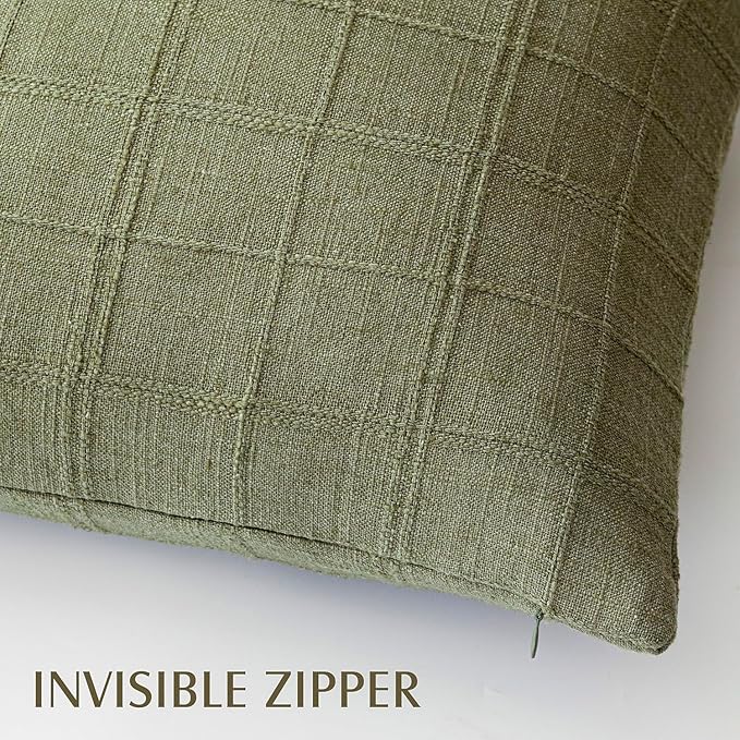 Foindtower Set of 2 Decorative Linen Check Throw Pillow Covers Neutral Farmhouse Vintage Cushion Covers Modern Boho Home Decor for Sofa Chair Couch Bedroom Living Room Outdoor,22×22 Inch,Sage Green