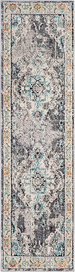SAFAVIEH Monaco Collection Runner Rug - 2'2" x 6', Grey & Light Blue, Boho Chic Medallion Distressed Design, Non-Shedding & Easy Care, Ideal for High Traffic Areas in Living Room, Bedroom (MNC243G)