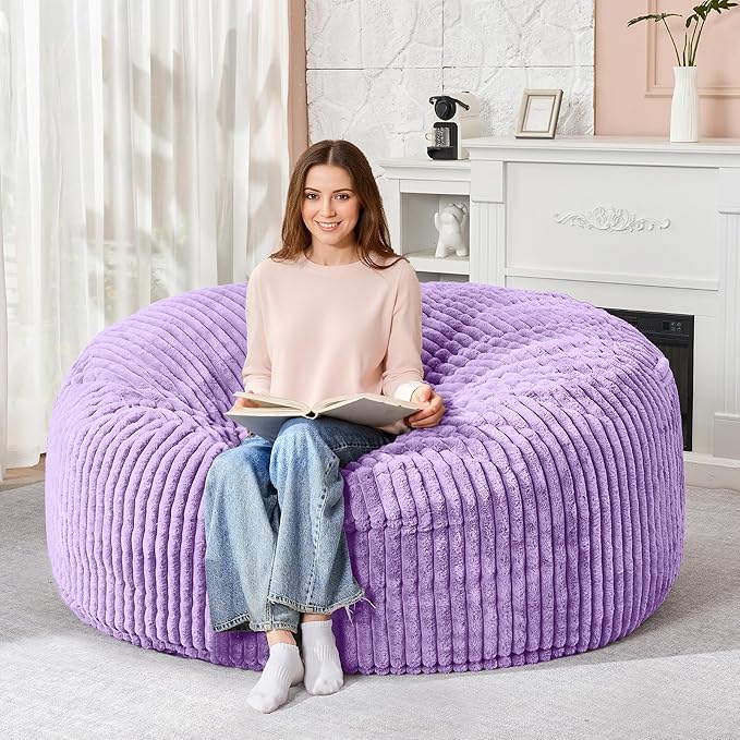 HABUTWAY 5FT Bean Bag Chair, 5' Large Bean Bag Chairs for Adults with Removable Stripe Plush Cover, Memory Foam Beanbag Chair for Living Room Bedroom Dorm (Purple)