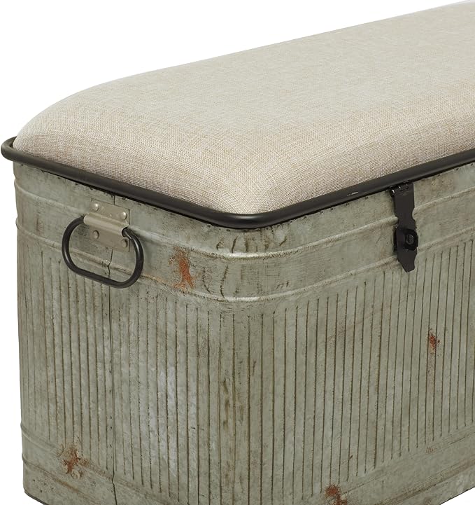 Deco 79 Metal Room Storage Bench Galvanized Entryway Bench with Cream Burlap Top and Black Latches, Bench 38" x 16" x 19", Gray