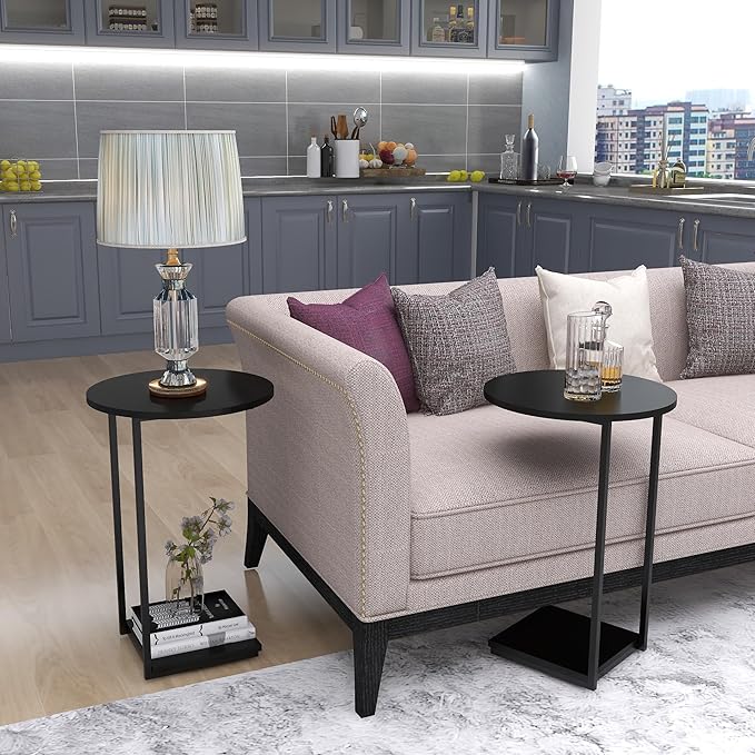 DCLRN C Table End Table Set of 2,C Shaped End Table for Round,Round Side Table is Suitable for Living Room and Bedroom.(Black)