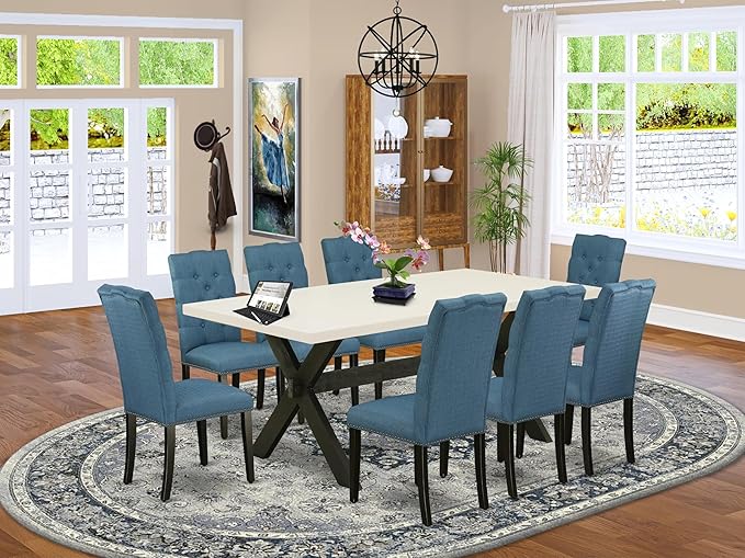East West Furniture X627EL121-9 9 Piece Dining Room Table Set Includes a Rectangle Dining Table with X-Legs and 8 Blue Linen Fabric Upholstered Parson Chairs, 40x72 Inch, Multi-Color