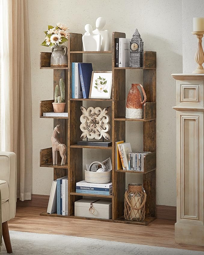 VASAGLE Bookshelf, Tree-Shaped Bookcase with 13 Storage Shelves, Rounded Corners, 9.8”D x 33.9”W x 55.1”H, Rustic Brown ULBC67BXV1