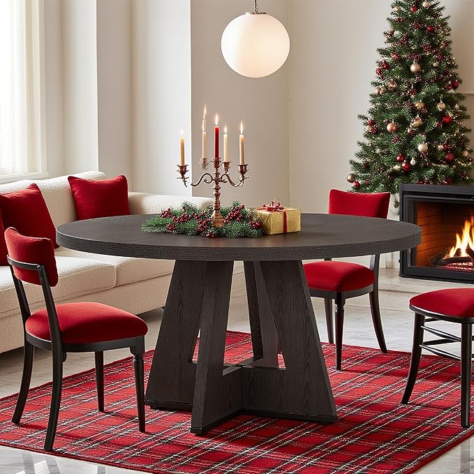 47" Round Dining Table for 4-6, Modern Dinner Table Farmhouse Round Small Kitchen Tables with Wooden Cross Base for Dining Room, Kitchen, Living Room, Black