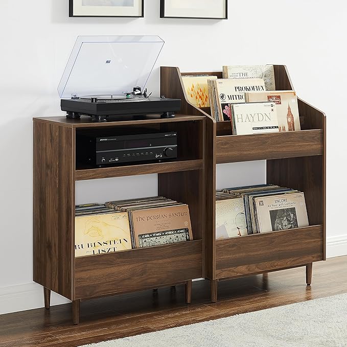Crosley Furniture Liam 2-Piece Turntable Record Player Stand and Vinyl Storage, Mid Century Modern, Walnut