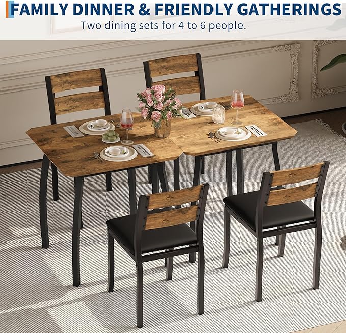 GAOMON Dining Table Set for 2, 3 Piece Small Kitchen Table and 2 Upholstered Chairs with Metal Frame & Wood Grain Tabletop for Small Space, Apartment, Kitchen, Dining Room, Black/Rustic